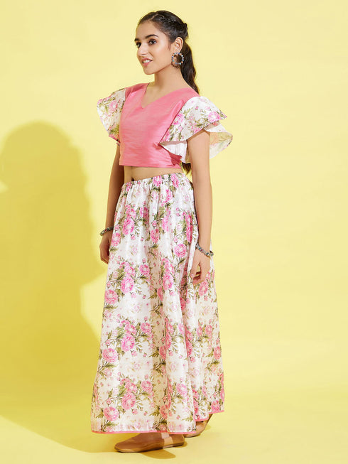 Girl's Printed Skirt And Ruffle Crop Top Set