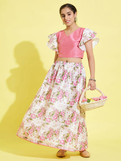 Girl's Printed Skirt And Ruffle Crop Top Set