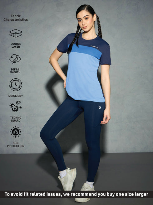 Women Colorblock Slim Fit Round Neck Sports T-shirt with TECHNOCOOL+