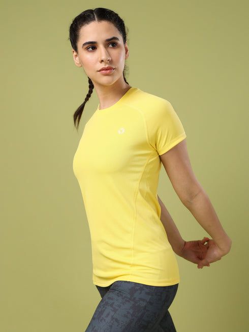 Women Solid Slim Fit Crew Neck T-shirt with TECHNO COOL
