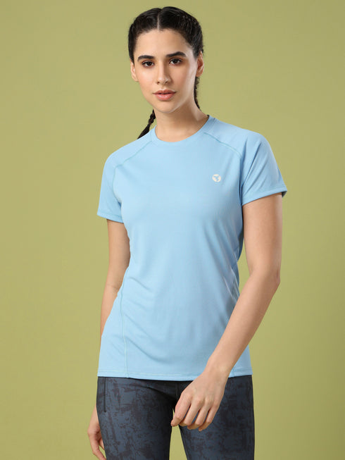 Women Solid Slim Fit Crew Neck T-shirt with TECHNO COOL