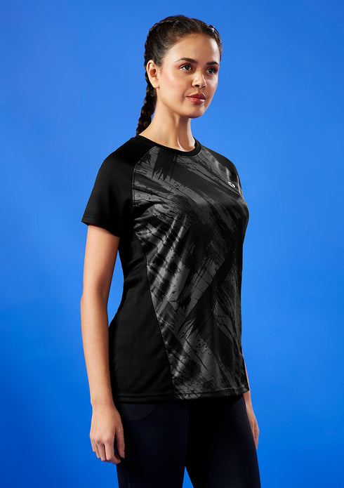 Women Abstract Print Slim Fit Crew Neck T-shirt with TECHNO COOL+
