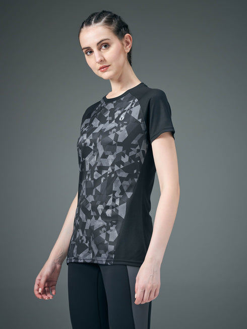 Women Abstract Print Slim Fit Crew Neck T-shirt with TECHNO COOL+