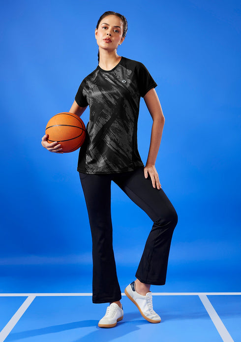 Women Abstract Print Slim Fit Crew Neck T-shirt with TECHNO COOL+