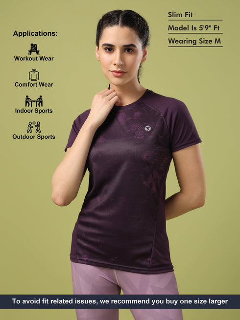 Women Abstract Print Slim Fit Crew Neck T-shirt with TECHNO COOL+