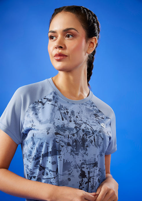 Women Abstract Print Slim Fit Crew Neck T-shirt with TECHNO COOL+