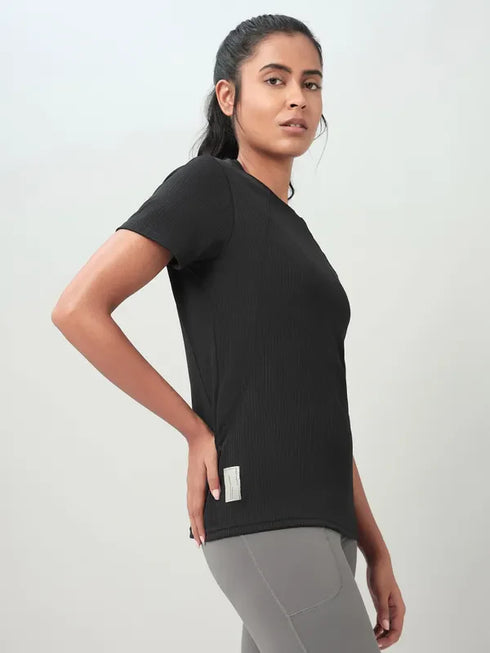 Women Self Design Slim Fit Crew Neck T-shirt with TECHNO COOL+