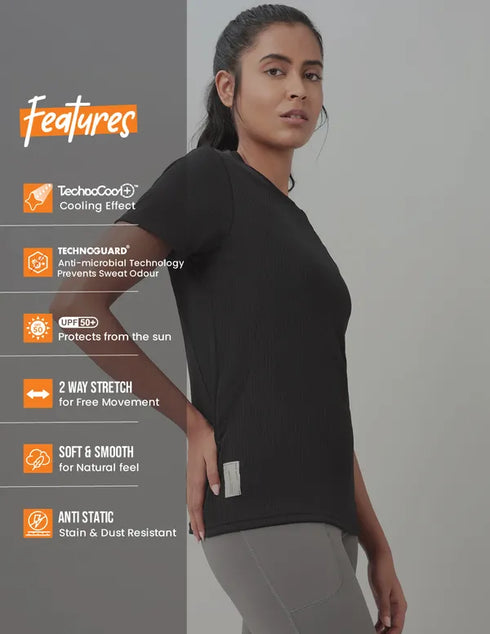 Women Self Design Slim Fit Crew Neck T-shirt with TECHNO COOL+