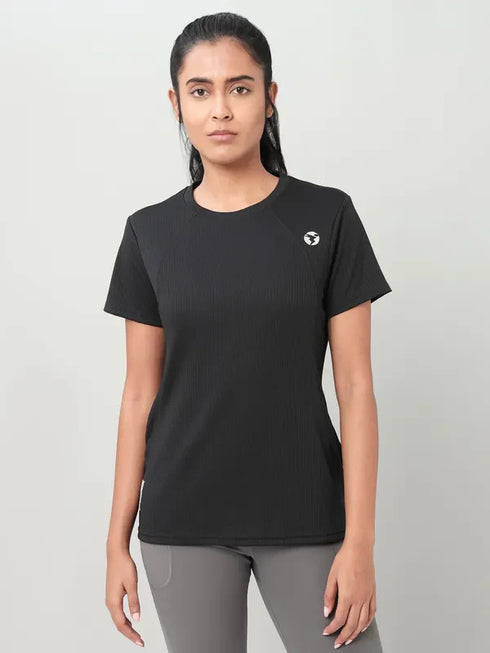 Women Self Design Slim Fit Crew Neck T-shirt with TECHNO COOL+