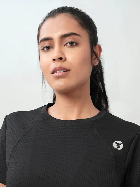 Women Self Design Slim Fit Crew Neck T-shirt with TECHNO COOL+