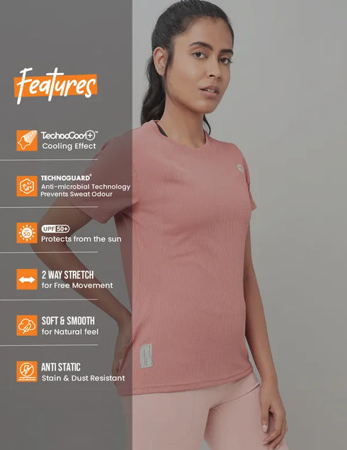 Women Self Design Slim Fit Crew Neck T-shirt with TECHNO COOL+