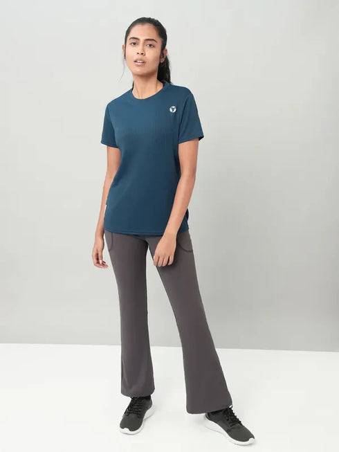 Women Self Design Slim Fit Crew Neck T-shirt with TECHNO COOL+