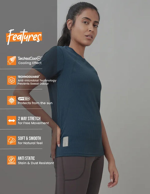 Women Self Design Slim Fit Crew Neck T-shirt with TECHNO COOL+