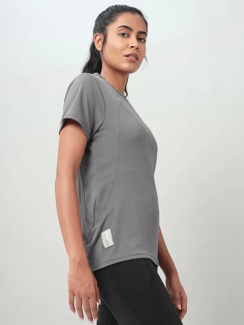 Women Self Design Slim Fit Crew Neck T-shirt with TECHNO COOL+