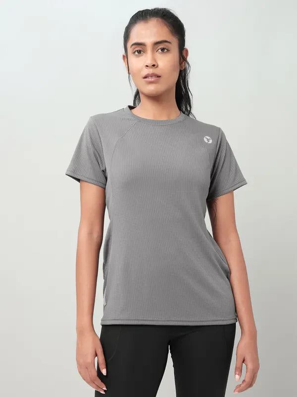 Women Self Design Slim Fit Crew Neck T-shirt with TECHNO COOL+