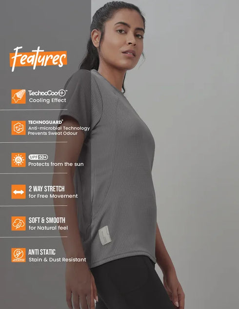 Women Self Design Slim Fit Crew Neck T-shirt with TECHNO COOL+