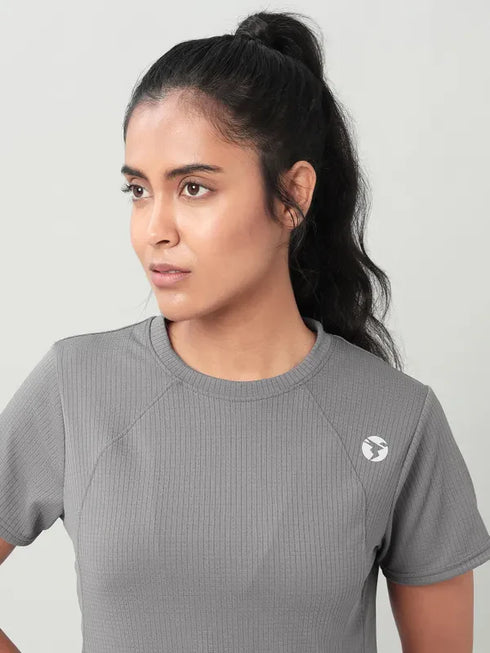 Women Self Design Slim Fit Crew Neck T-shirt with TECHNO COOL+