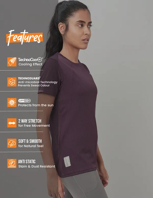 Women Self Design Slim Fit Crew Neck T-shirt with TECHNO COOL+