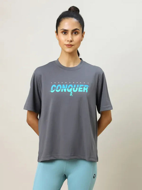 Women Printed Boxy Fit Crew Neck T-shirt with TECHNO COOL+