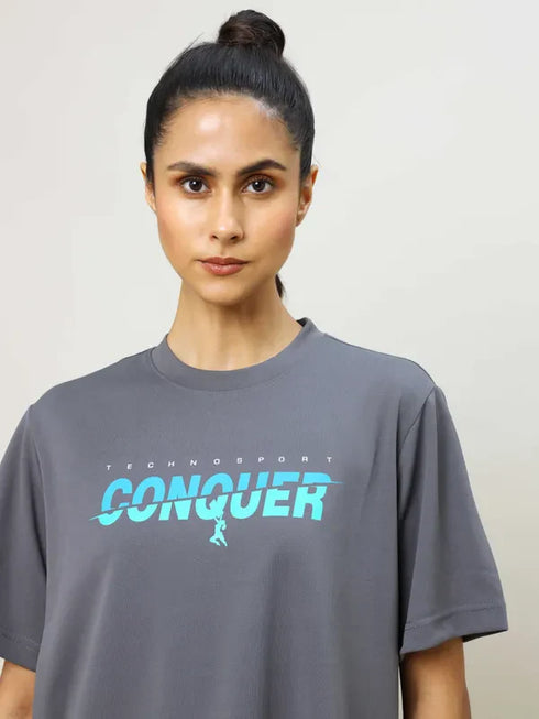 Women Printed Boxy Fit Crew Neck T-shirt with TECHNO COOL+