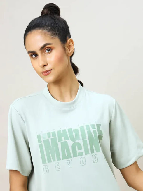 Women Printed Boxy Fit Crew Neck T-shirt with TECHNO COOL+