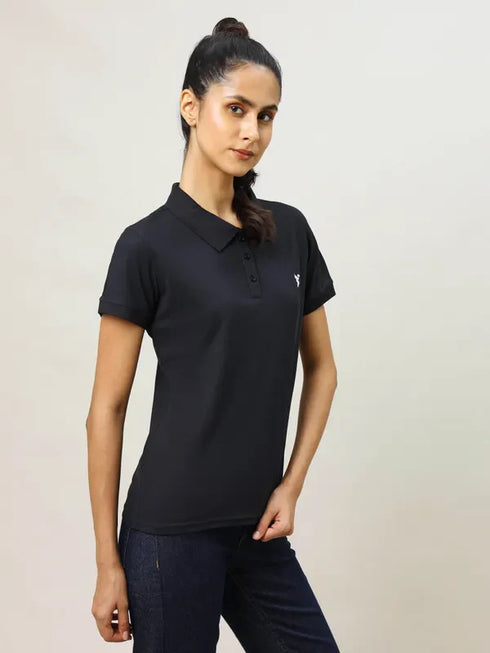 Women Solid Slim Fit Polo T-shirt with MATPIQ