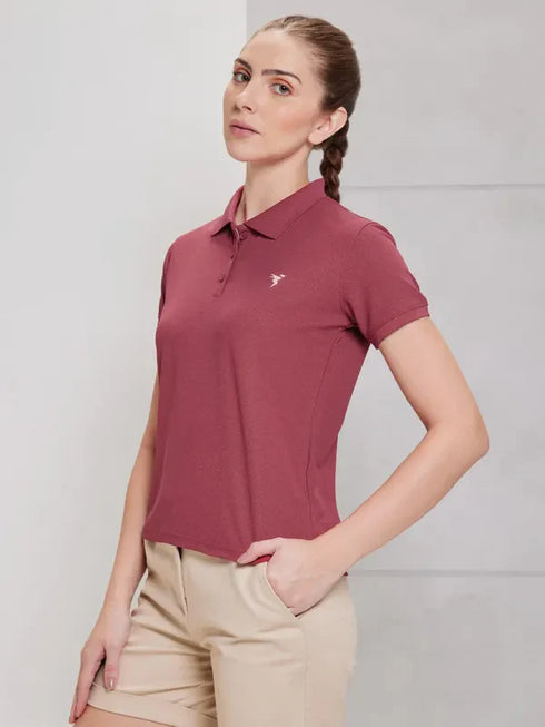 Women Solid Slim Fit Polo T-shirt with MATPIQ