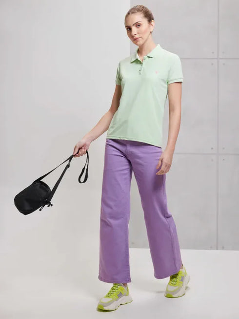 Women Solid Slim Fit Polo T-shirt with MATPIQ