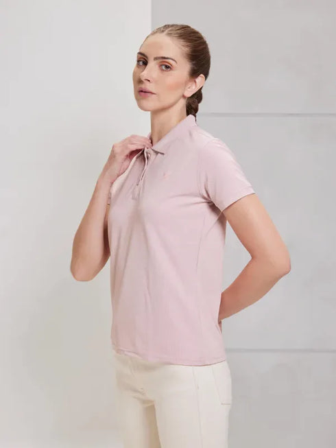 Women Solid Slim Fit Polo T-shirt with MATPIQ