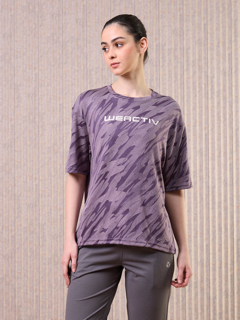 Women Jacquard Boxy Fit Round Neck T-shirt with DOUBLE COOL