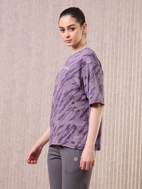 Women Jacquard Boxy Fit Round Neck T-shirt with DOUBLE COOL