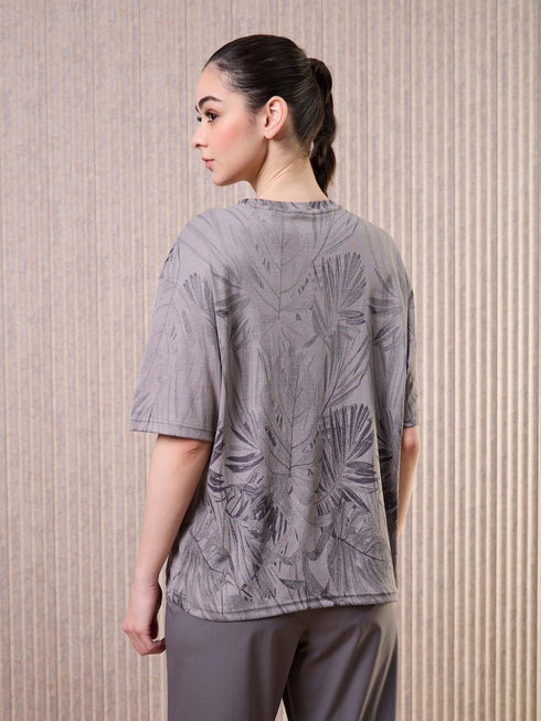Women Jacquard Boxy Fit Round Neck T-shirt with DOUBLE COOL