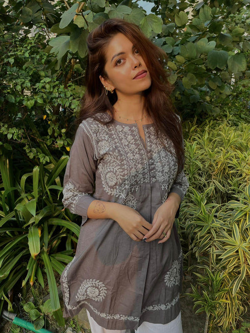 Rijuta in HOK Chikankari Short Tunic for Women -Grey