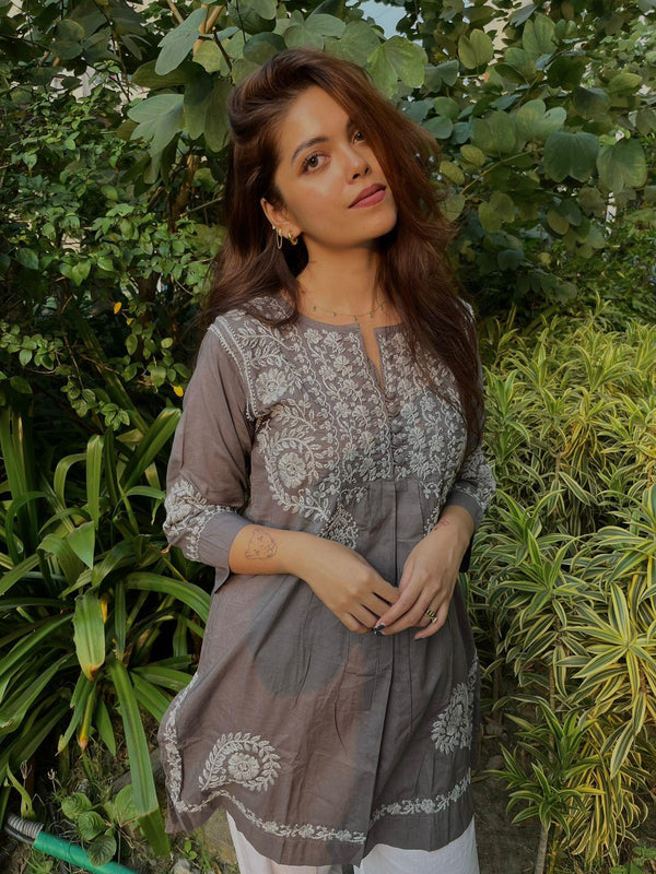 Rijuta in HOK Chikankari Short Tunic for Women -Grey
