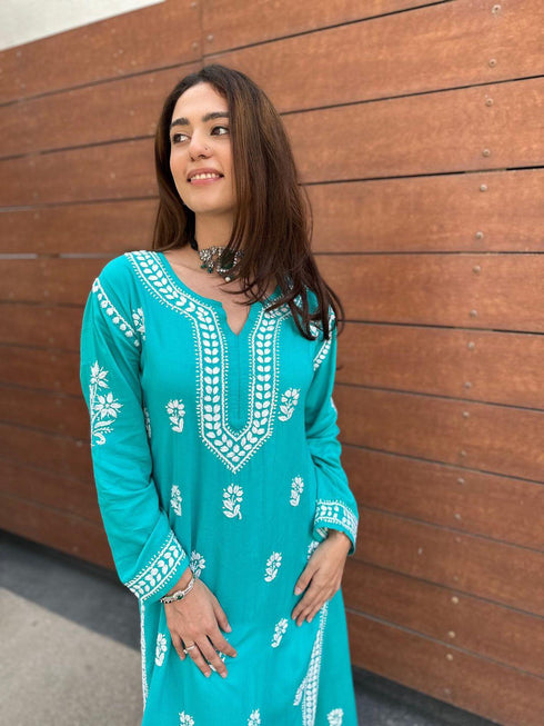 Bhavna in Noor Chikankari CO-ORD Set In Rayon for Women In Blue Turquoise