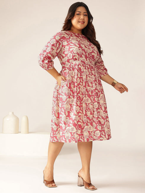 Plus Size Mauve Pure Cotton Floral Printed Gathered Dress