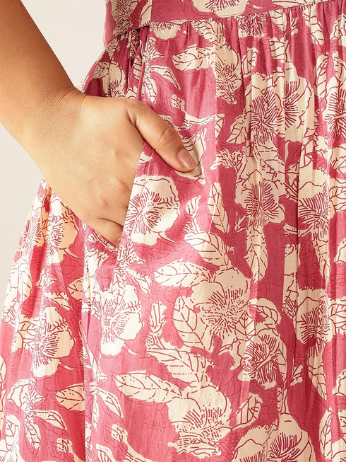Plus Size Mauve Pure Cotton Floral Printed Gathered Dress