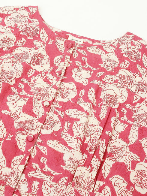 Plus Size Mauve Pure Cotton Floral Printed Gathered Dress