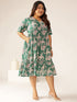 Plus Size Green Pure Cotton Floral Printed Tiered Dress