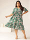 Plus Size Green Pure Cotton Floral Printed Tiered Dress