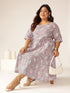 Plus Size Lavender Pure Cotton Floral Printed Tiered Dress