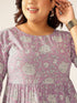 Plus Size Lavender Pure Cotton Floral Printed Tiered Dress
