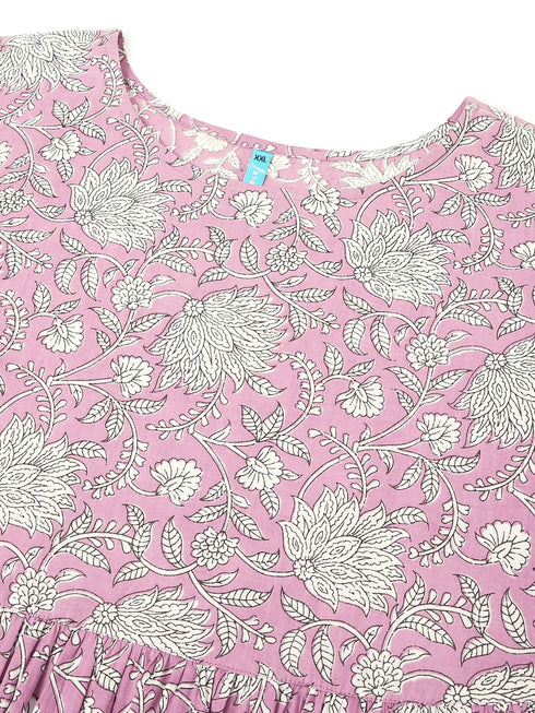 Plus Size Lavender Pure Cotton Floral Printed Tiered Dress