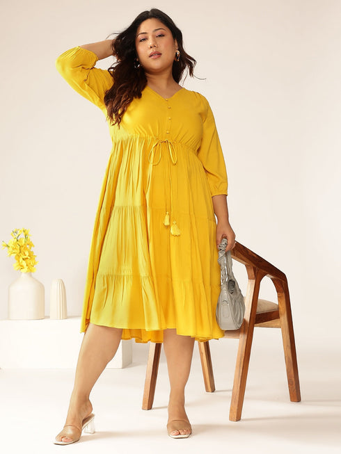 Plus Size Mustard Rayon Solid Tiered Dress