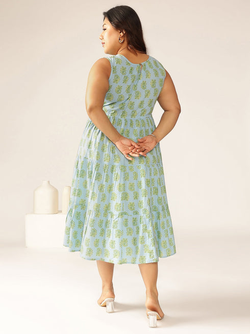Plus Size Light Blue Pure Cotton Ethnic Motifs Printed Tiered Dress