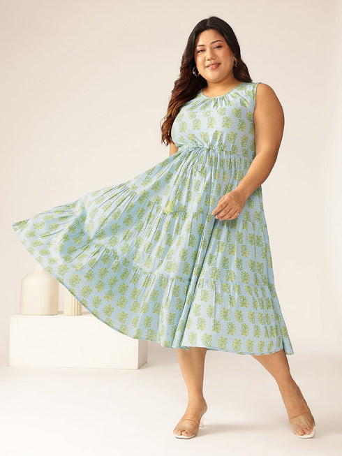 Plus Size Light Blue Pure Cotton Ethnic Motifs Printed Tiered Dress