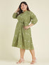 Janasya Women's Plus Size Olive Green Pure Cotton Floral Printed A-line Dress