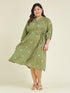 Janasya Women's Plus Size Olive Green Pure Cotton Floral Printed A-line Dress