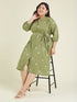 Janasya Women's Plus Size Olive Green Pure Cotton Floral Printed A-line Dress
