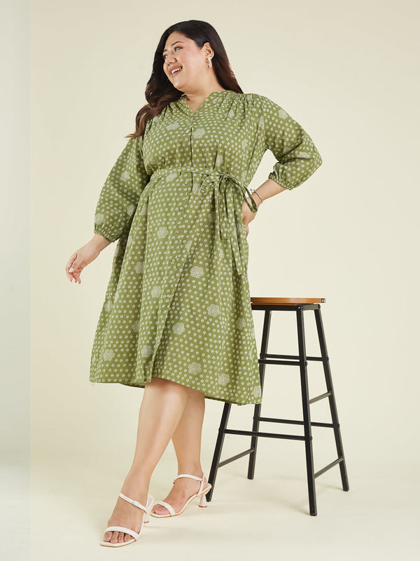 Janasya Women's Plus Size Olive Green Pure Cotton Floral Printed A-line Dress